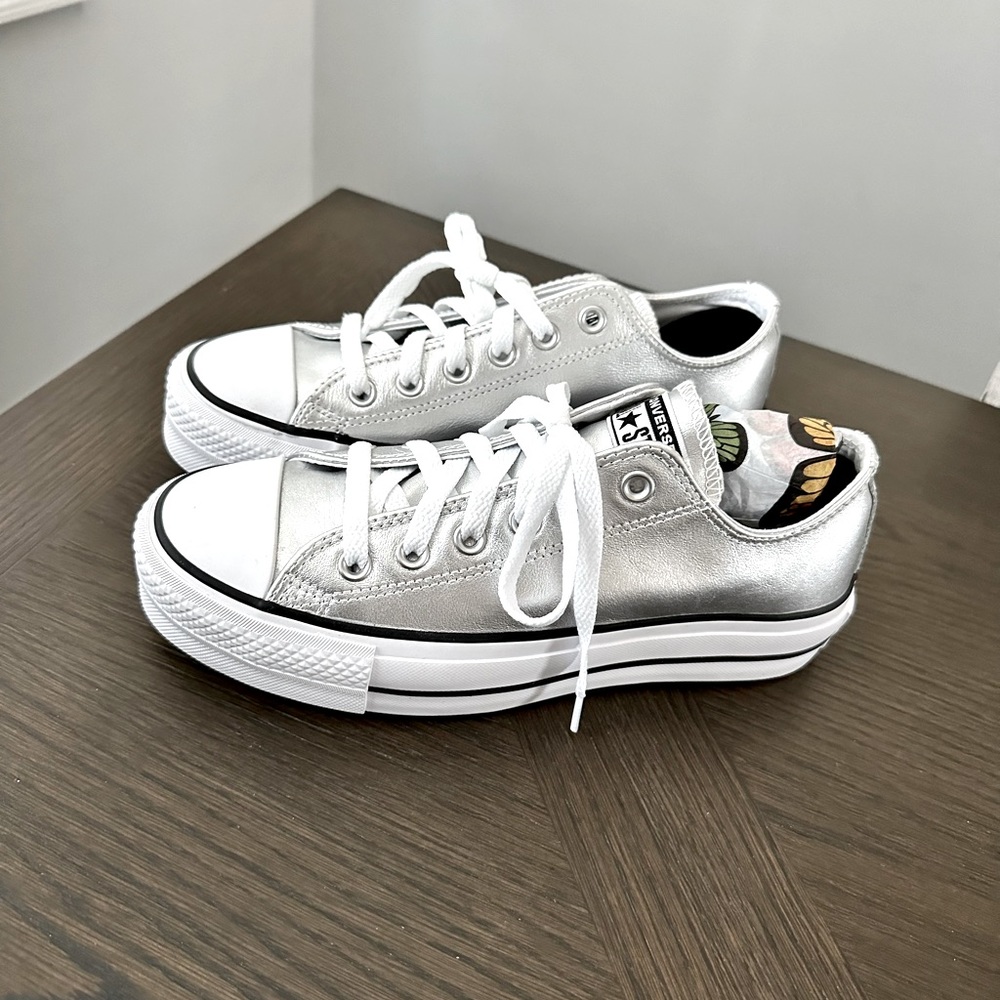 Converse size 8 silver metallic upper leather